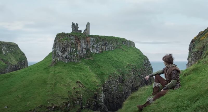 The trailer opens with scenes of Co Antrim's Dunseverick Castle