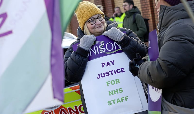 Striking health workers at the Royal Victoria Hospital in Belfast. Picture Mal McCann. 