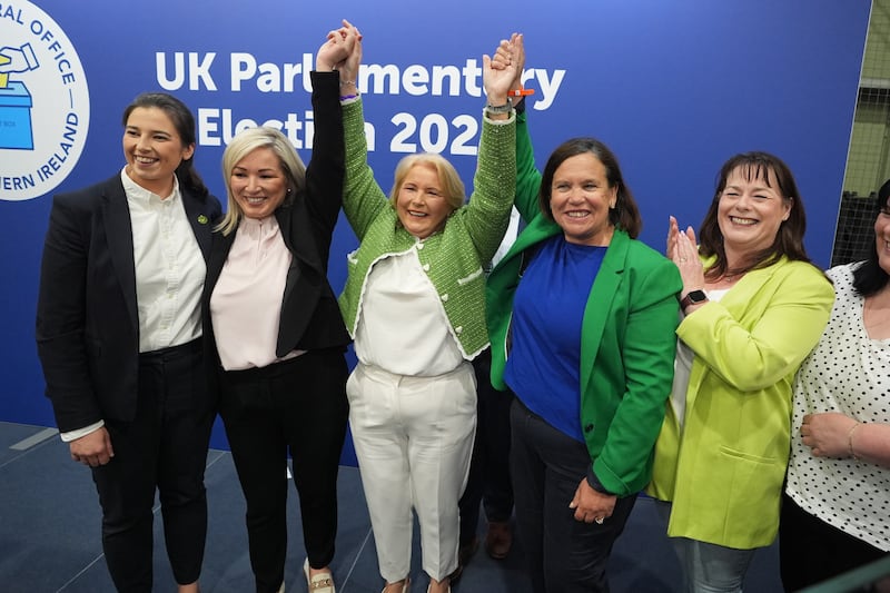 Sinn Fein’s Pat Cullen celebrates with Sinn Fein’s Vice President Michelle O’Neill (second left and Sinn Fein President Mary Lou McDonald (second right) after winning the Fermanagh and South Tyrone constituency .