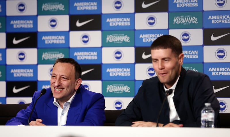 New Brighton boss Fabian Hurzeler (right) alongside club chairman Tony Bloom during a press conference