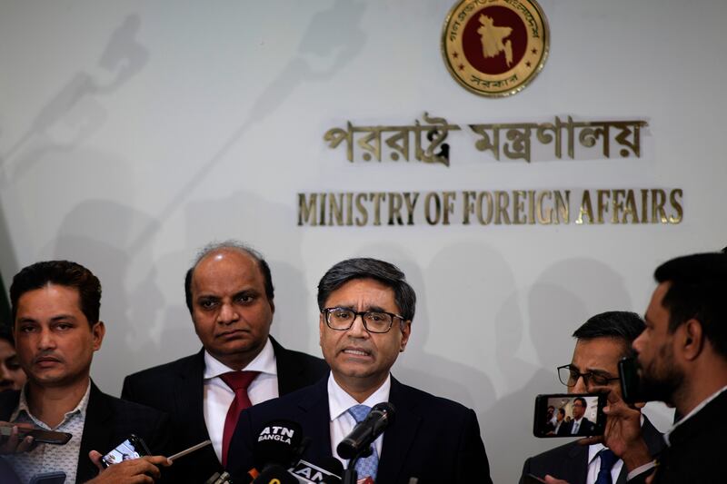 Indian foreign secretary Vikram Misri speaks to the media after meeting his Bangladeshi counterpart at the Ministry of Foreign Affairs in Dhaka, Bangladesh (Mahmud Hossain Opu/AP)