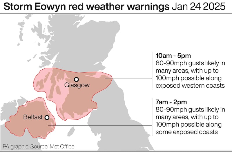 Storm Eowyn red weather warnings