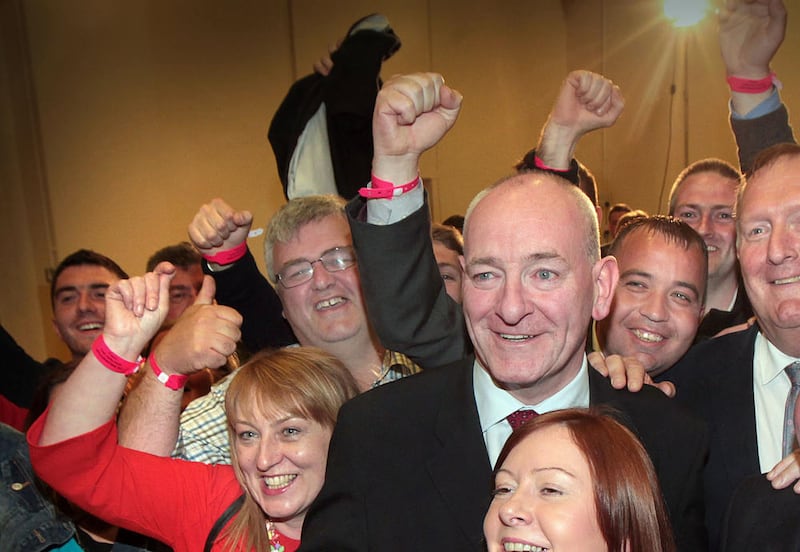 07/05/2015: Mark Durkan following his election win with wife Jacqui at the Foyle general election count, held at Templemore, Derry. Picture Margaret McLaughlin. 