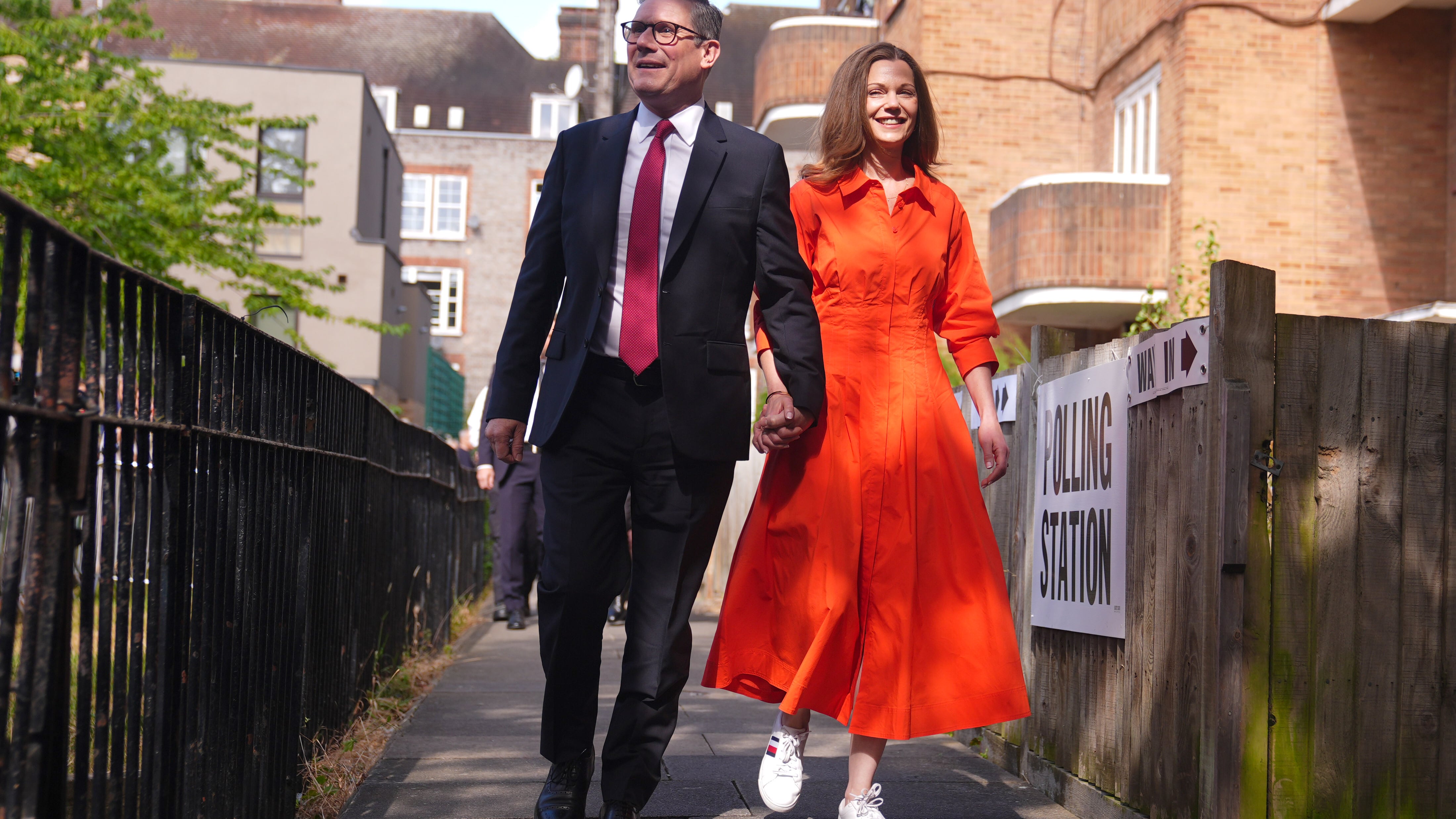 Labour leader Sir Keir Starmer and his wife Victoria arrive to cast their votes in the 2024 General Election