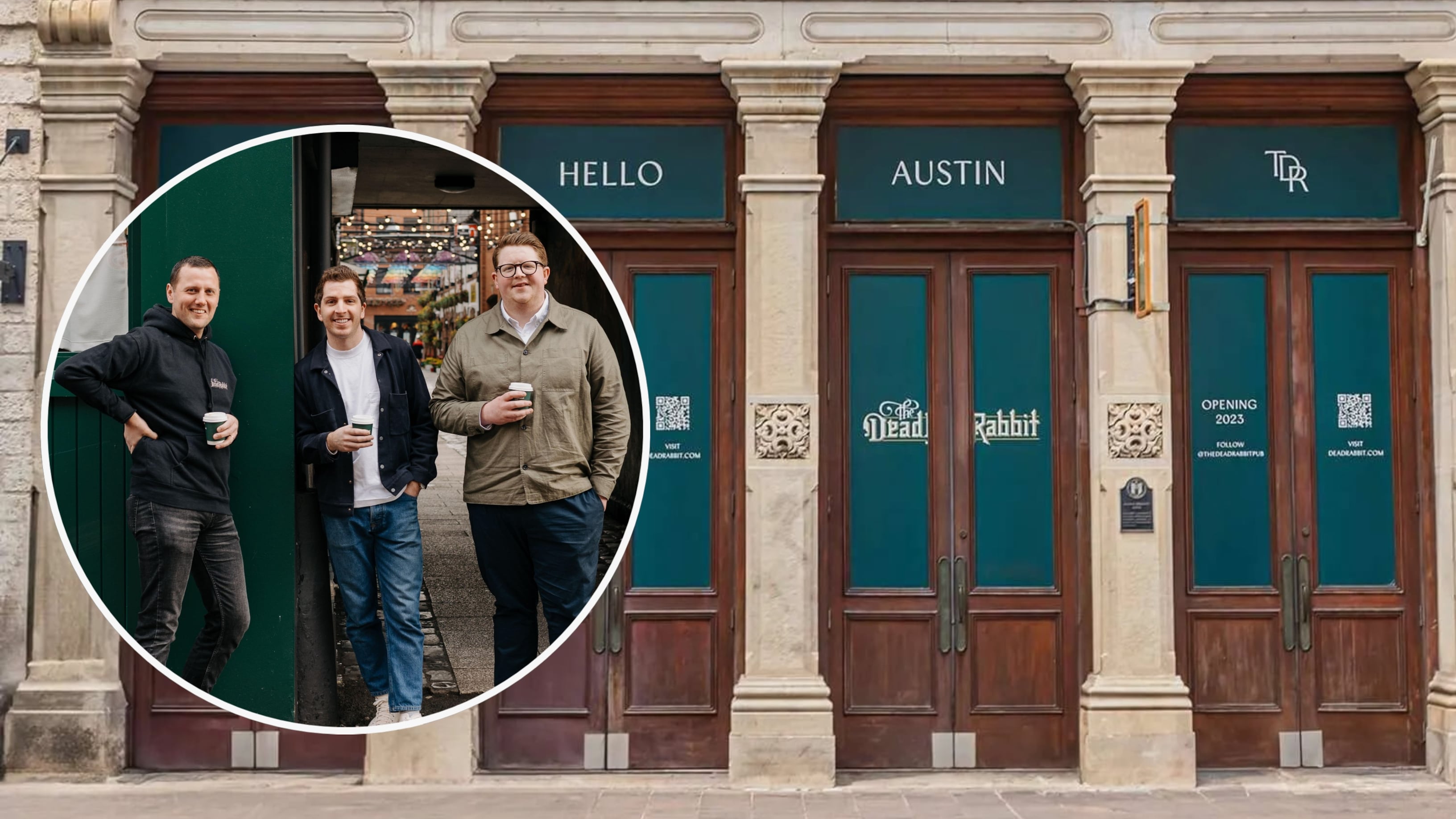 The Dead Rabbit’s new location in Austin, Texas, which is due to open this July and (inset L-R): Jack McGarry, Oisin McEvoy and Ryan Crown.
