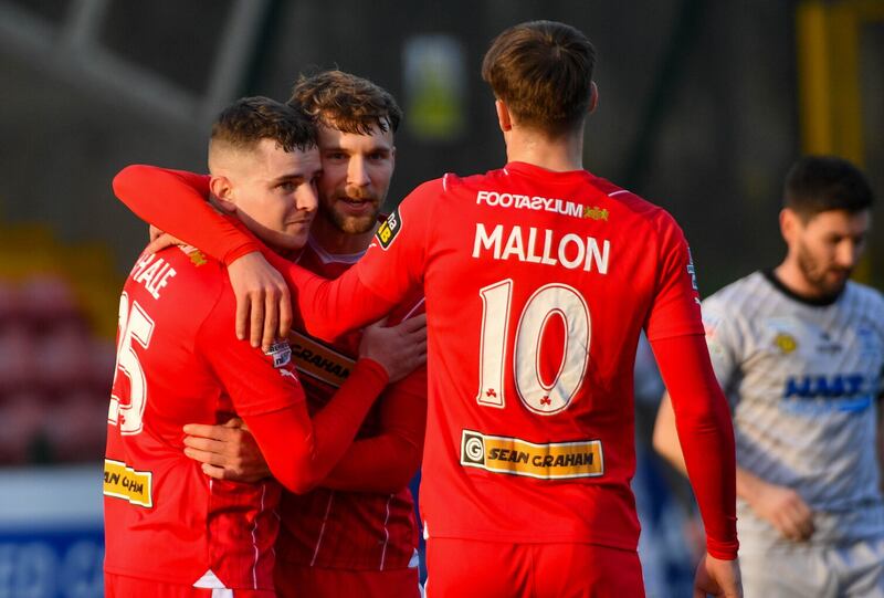 Ronan Hale of Cliftonville celebrates scoring against Newry City during Saturday's Sports Direct Premiership game at Solitude           Picture: Andrew McCarroll/Pacemaker Press