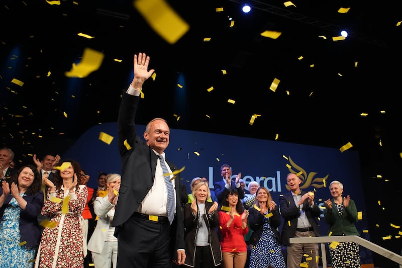 Confetti falls as Sir Ed Davey finishes his keynote speech in Brighton