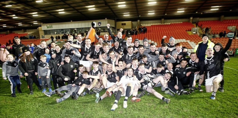 The Magheracloone player celebrate their Ulster final victory over Galbally. Picture by Philip Walsh 