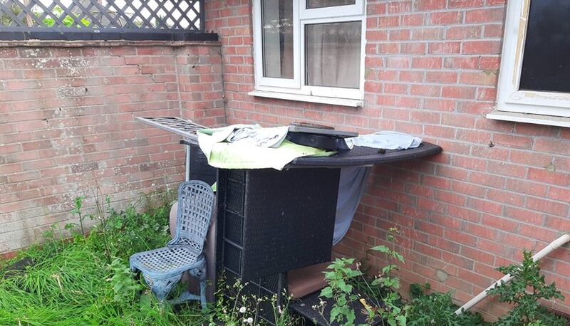 The shelter made by Anthony Yewman in the garden of Jenny Dalton as he “stalked” her.