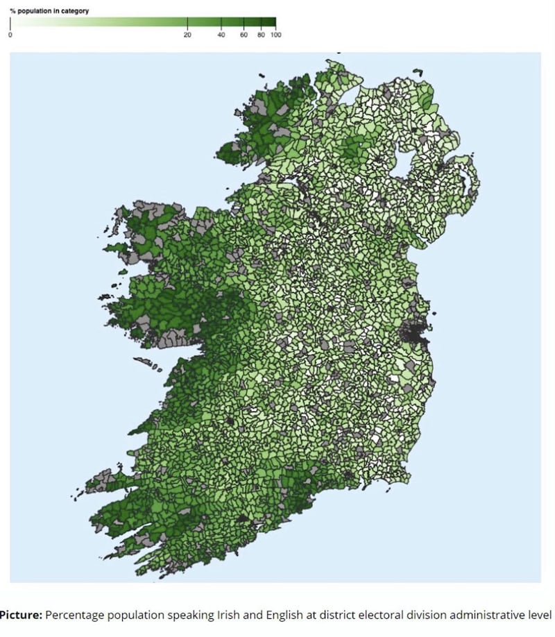 MAP: Percentage population speaking Irish and English in 1911 at district electoral division administrative level. Source: 1911 census data processed by Cantabular. 