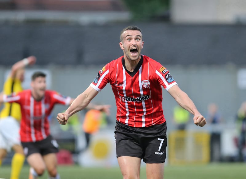 Derry City winger Michael Duffy celebrates after Cian Kavanagh’s goal sealed a 2-1 victory over KuPs Kuopio in the Europa Conference League at the Brandywell last Thursday night. Picture by Margaret McLaughlin
