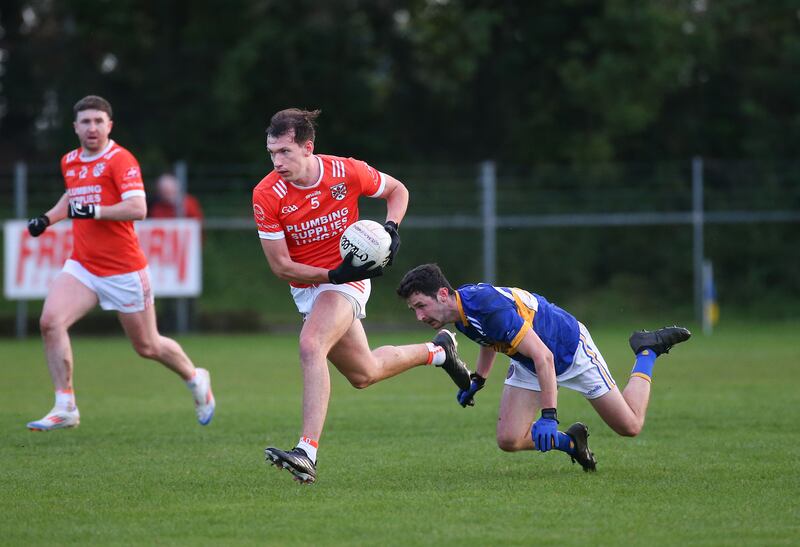 Clann Eireann’s Barry McCambridge  during Saturday’s  Championship game in Maghery.
PICTURE COLM LENAGHAN