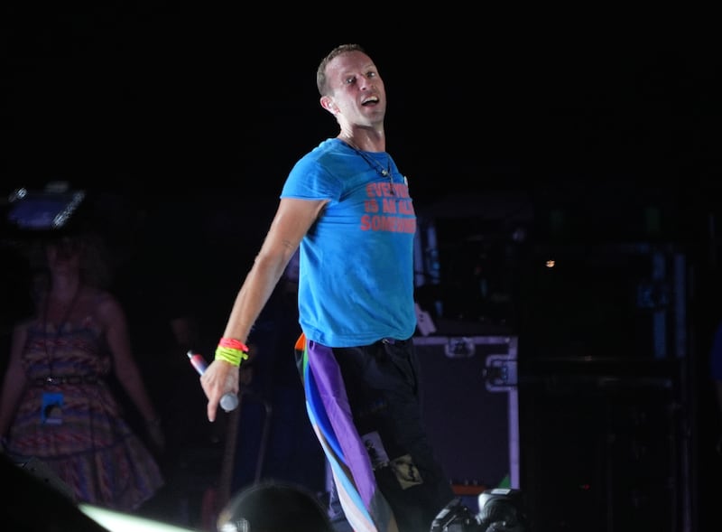 Chris Martin of Coldplay performing on the Pyramid Stage