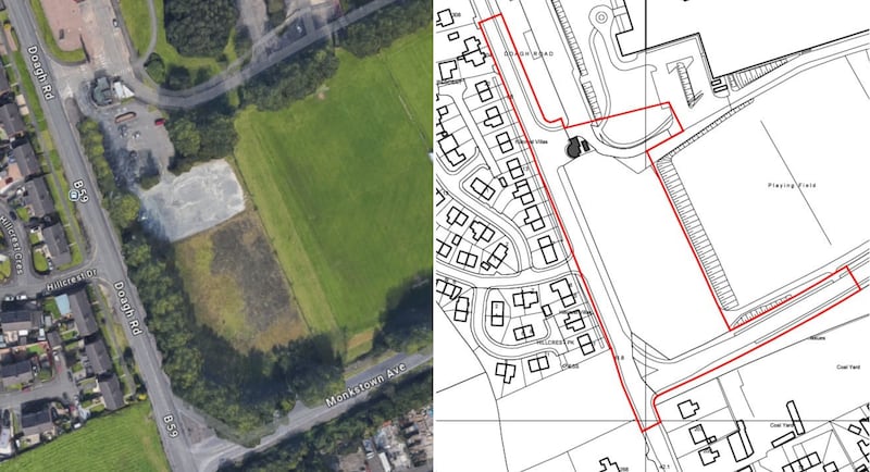 An aerial view of Lidl’s new Monkstown site (left) and the site it has identified in its planning application (right).