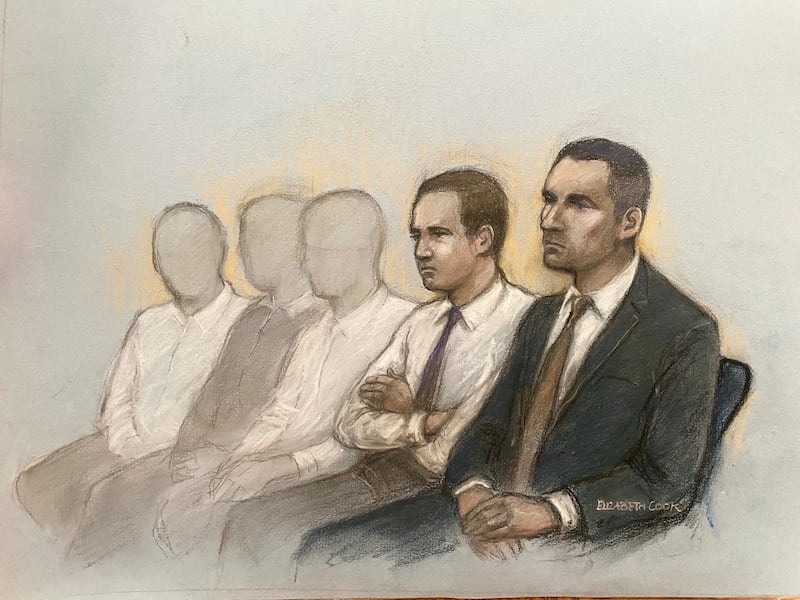 Court artist drawing of Antony Snook, right, sitting beside Riley Tolliver and three teenagers also on trial at Bristol Crown Court