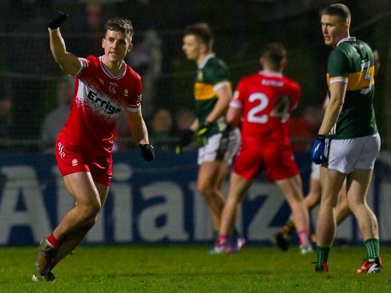 27 January 2024; Shane McGuigan of Derry celebrates after kicking a point from a free to win the game during the Allianz Football League Division 1 match between Kerry and Derry at Austin Stack Park in Tralee, Kerry. Photo by Brendan Moran/Sportsfile