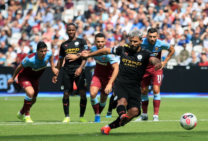 Sergio Aguero scores in Manchester City’s 5-0 win over West Ham in 2019