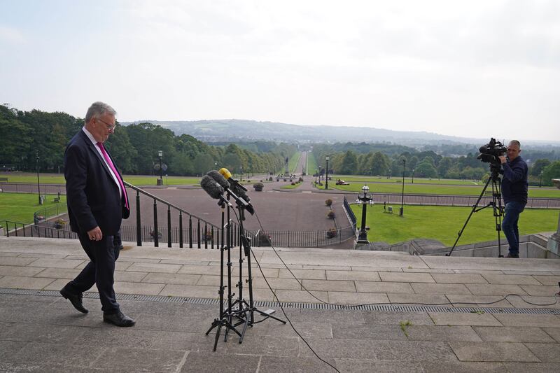 Ulster Unionist Party leader-elect Mike Nesbitt before speaking to members of the media outside Stormont, Belfast