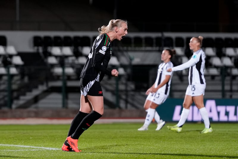 Arsenal’s Stina Blackstenius scored the important second goal in the 4-0 win over Juventus (Fabio Ferrari/LaPresse via AP)