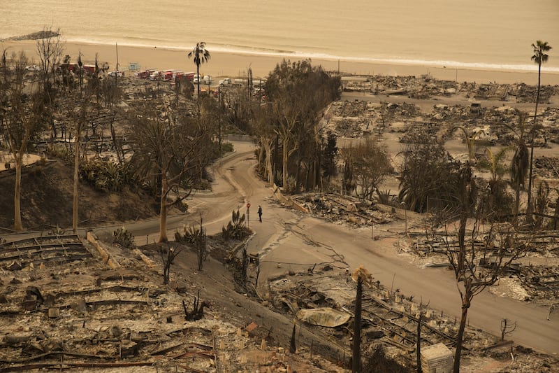 A person walks down a street in the aftermath of the Palisades Fire in the Pacific Palisades neighbourhood of Los Angeles (John Locher/AP)