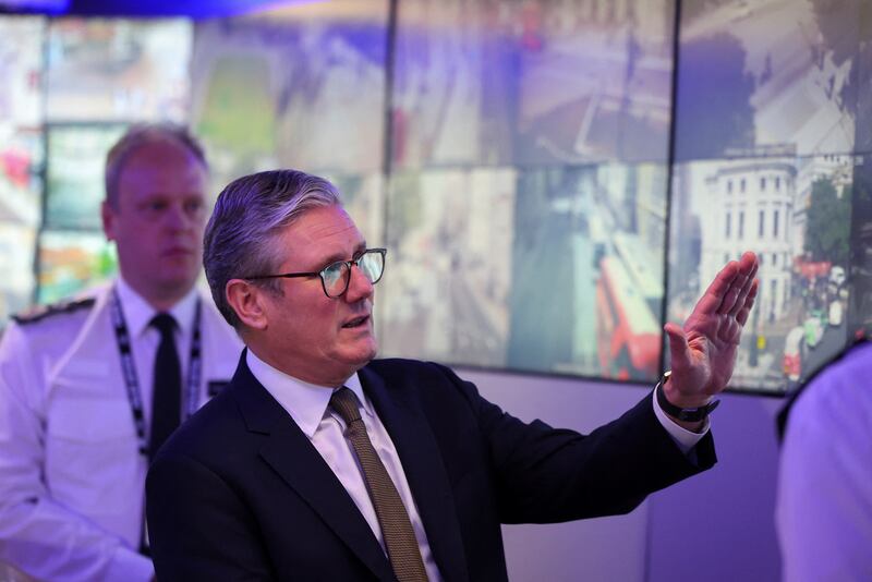 Prime Minister Keir Starmer views CCTV screens in the Engineering Suite in the Metropolitan Police Command and Control Special Operations Room during his visit to Lambeth Police Headquarters in London