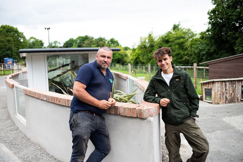 Kyle Thomas and Phil Hughes pictured outside their new meerkat enclosure at The Mylo Project @ Dyan Mill