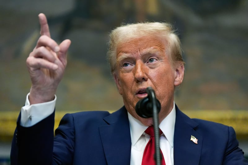 President Donald Trump speaks in the Roosevelt Room of the White House