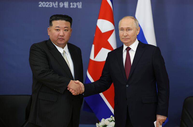 Russian President Vladimir Putin, right, and North Korea’s leader Kim Jong Un met in September last year (Vladimir Smirnov, Sputnik, Kremlin Pool Photo via AP)