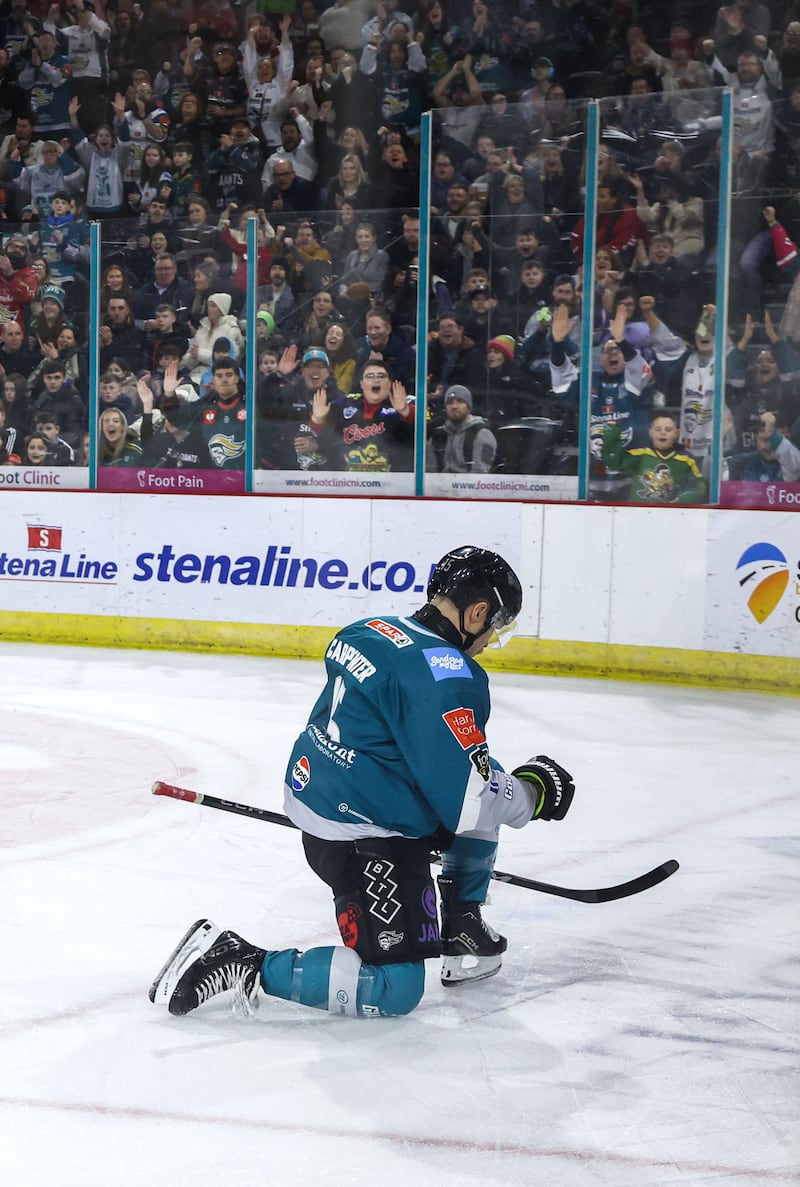 Belfast Giants’ Bobo Carpenter celebrates scoring against Manchester Storm in the Elite Ice Hockey League game at the SSE Arena, Belfast.   Photo by William Cherry/Presseye