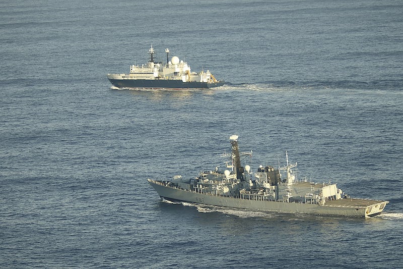 HMS Somerset with the Russian spy ship Yantar