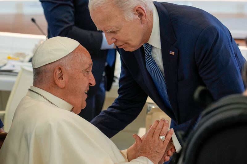 The Pope greeted Joe Biden at the meeting (AP)