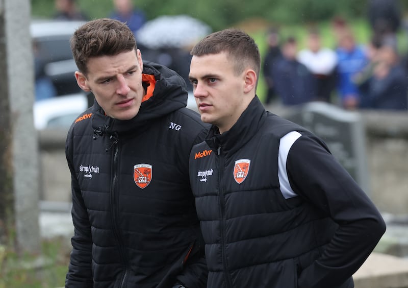 Armagh’s Niall Grimley at the Funeral of  Crossmaglen Rangers player Caolan Finnegan on Monday, Caolan received a lap of honour at Crossmaglen ground before the funeral at St Patrick’s Church.
PICTURE COLM LENAGHAN