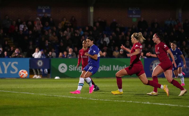 Sam Kerr scores the decisive goal late on as Chelsea came from behind to win against Liverpool (John Walton/PA)