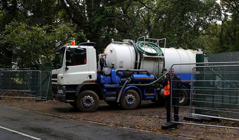 A lorry leaves Horse Hill Developments in Horley, Surrey