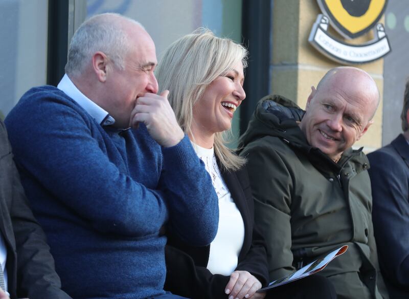 First Minister Michelle O’Neill and Former Tyrone All Ireland Winner Peter Canavan at the official opening of the new facility at Pomeroy GAA Club in Co Tyrone on Friday.
PICTURE COLM LENAGHAN