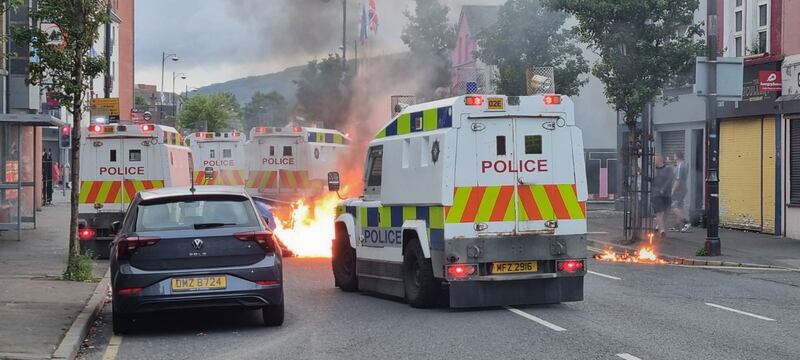 PSNI officers man roadblocks in Belfast following an anti-Islamic protest outside Belfast City Hall on August 3