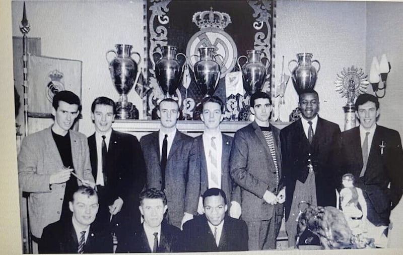 Jim McKeever, pictured second left in the front row, on tour with the Belfast basketball team on tour in Madrid, 1959