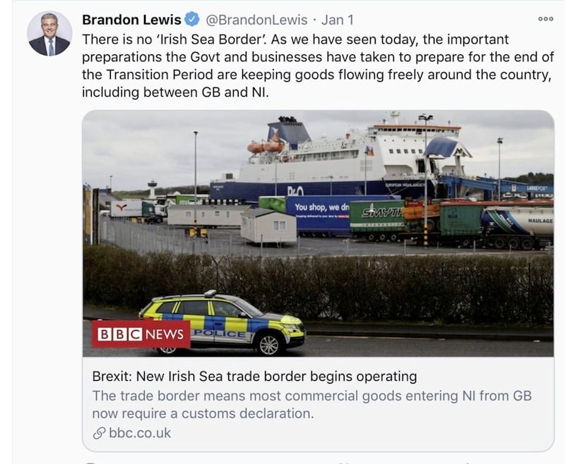 Brandon Lewis tweeted on January 1 that there was &#39;no Irish Sea border&#39; 