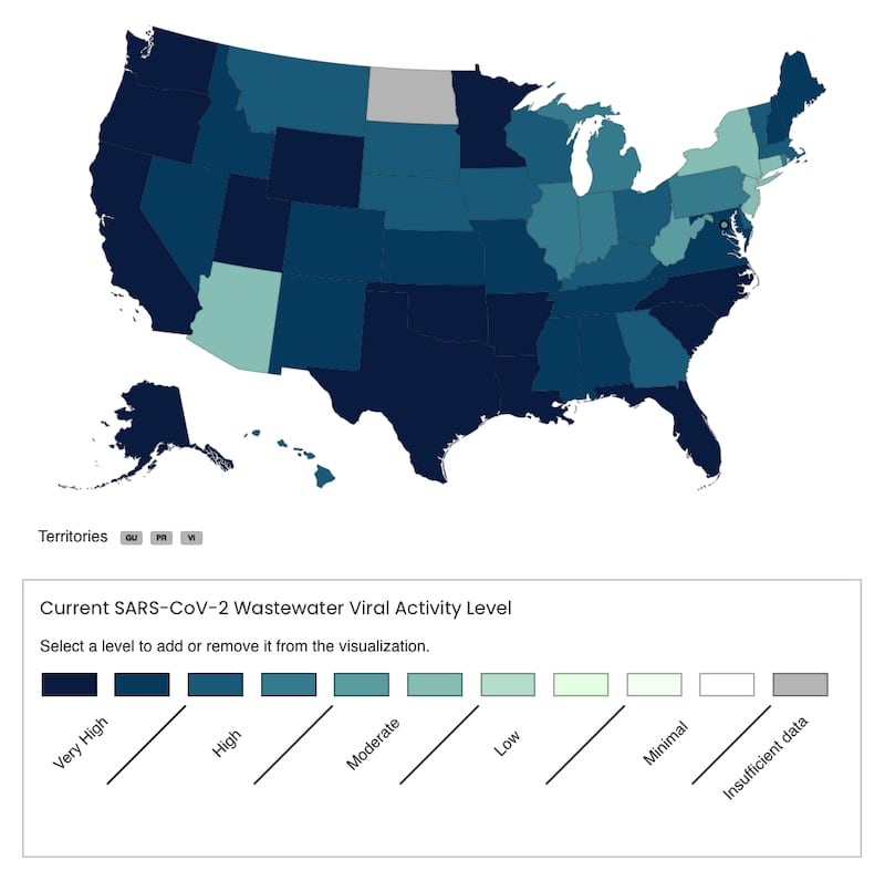 The map shows the level of Covid-19 detected in the wastewater of each US state, according to the CDC. (Source: CDC)