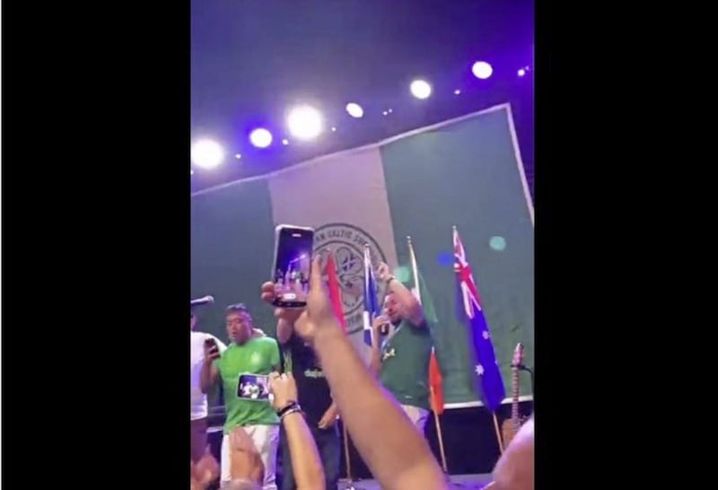 Footage taken at the North American Celtic Supporters Federation convention in Las Vegas shows actor Martin Compston on stage as a crowd sings.  