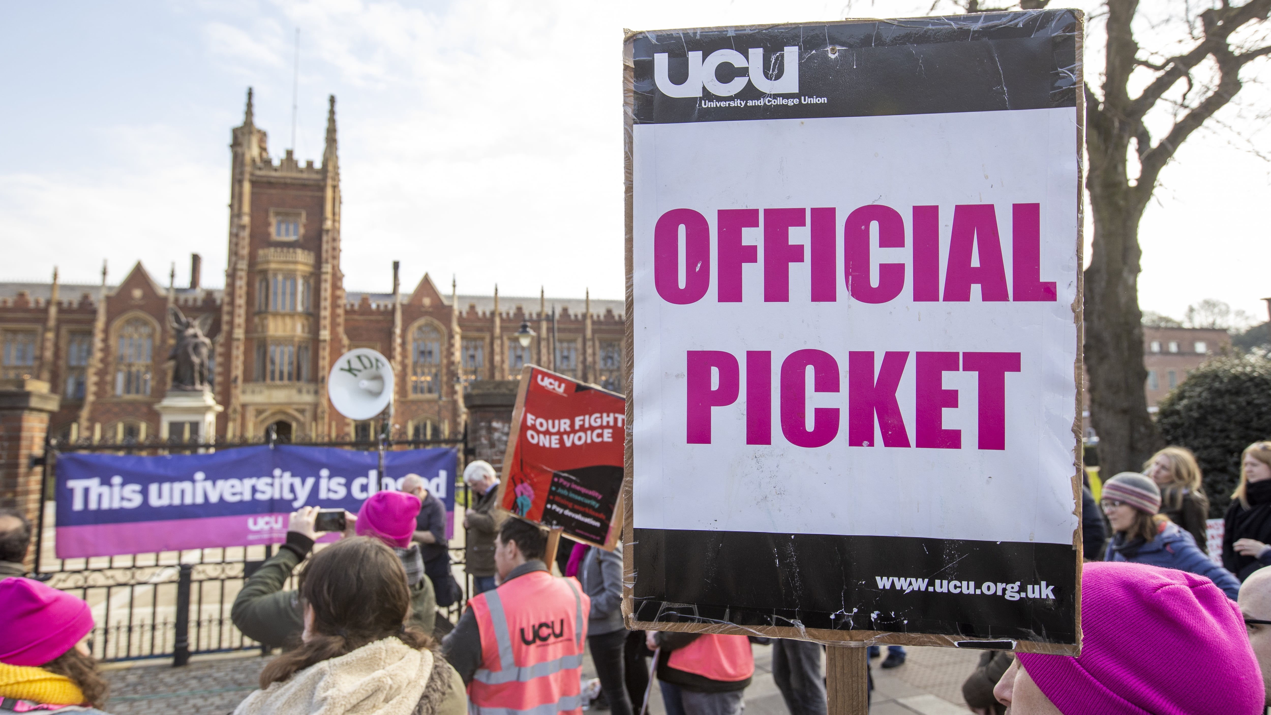 University and College Union (UCU) workers and supporters on a picket line at Queens University Belfast