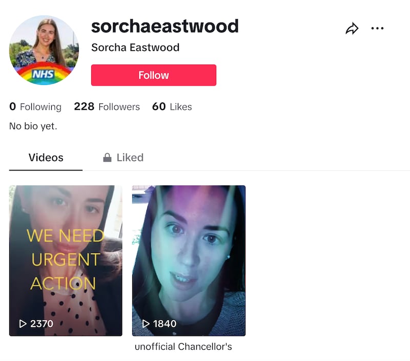 A screenshot from Lagan Valley candidate Sorcha Eastwood's TikTok account shows that she has uploaded just two videos to her profile. Both of these videos are dated back to 2020.
(TikTok.com/@sorchaeastwood)