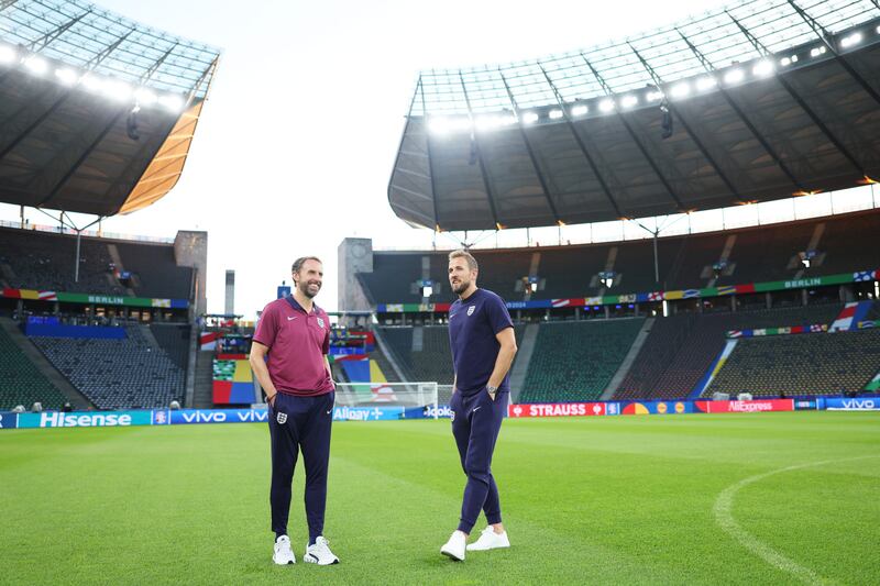 Gareth Southgate and Harry Kane survey the arena for Sunday’s final at the Olympiastadion