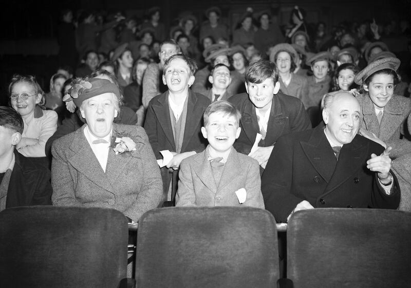 Alastair Sim and Margaret Rutherford, stars of the film 'The Happiest Days of Your Life', in the Carlton Cinema, where the film was shown especially for nine coach loads of children - many of whom were 'extras' in the film.