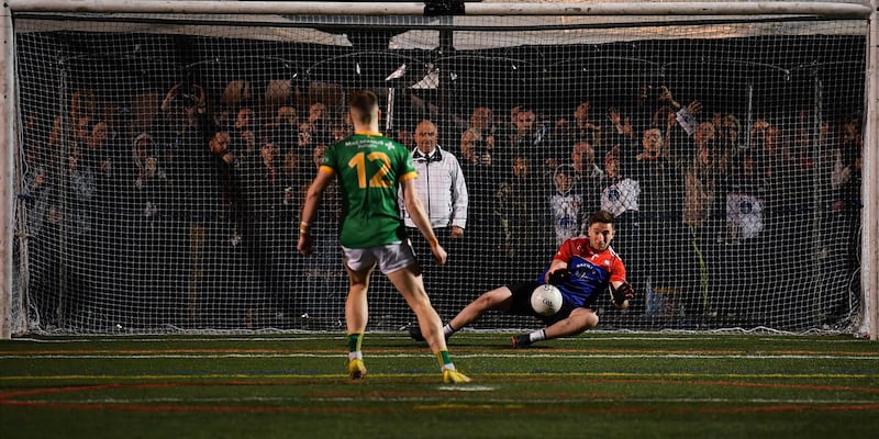 Michael Cunningham of New York saves a penalty taken by Paul Keaney of Leitrim during the Connacht GAA Football Senior Championship quarter-final match between New York and Leitrim at Gaelic Park in New York Picture: David Fitzgerald/Sportsfile