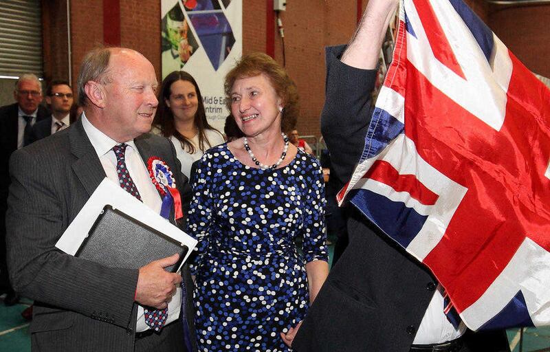 TUV's Jim Allister and his wife Ruth pictured after Mr Allister becomes the first MLA elected for North Antrim, at the Ballymena count. Picture by Cliff Donaldson&nbsp;