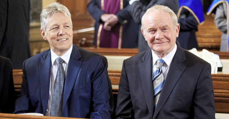 Peter Robinson (left) and the late Martin McGuinness, pictured in 2015, pledged their support for victims of historical abuse. Picture by PA 