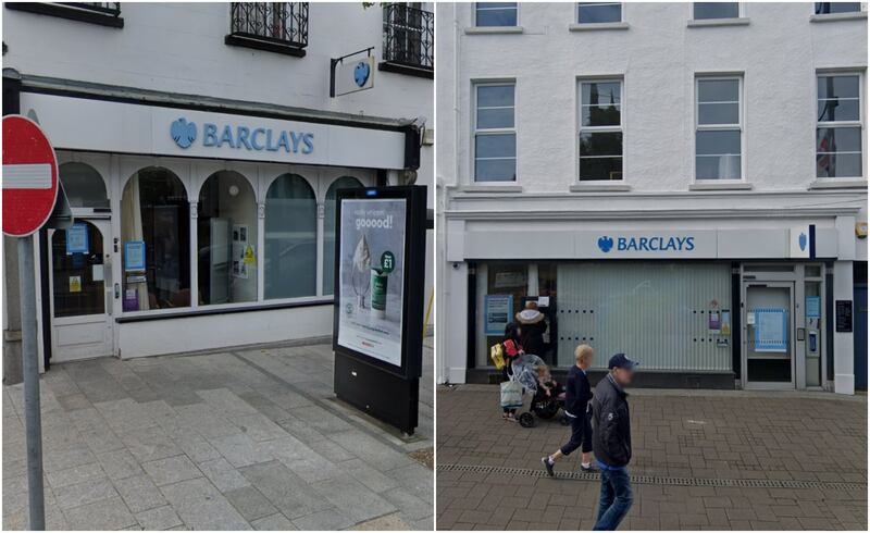 Split image of two Barlcays branches in (left) Newry and (right) Coleraine.