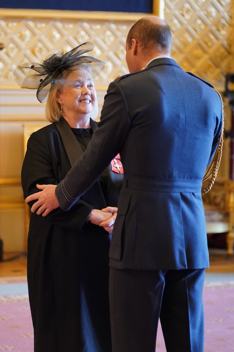 Pauline Quirke, actor, Founder and Head Principal, The Pauline Quirke Academy, from High Wycombe, receiving her MBE from the Prince of Wales at Windsor Castle on 01/02/2023