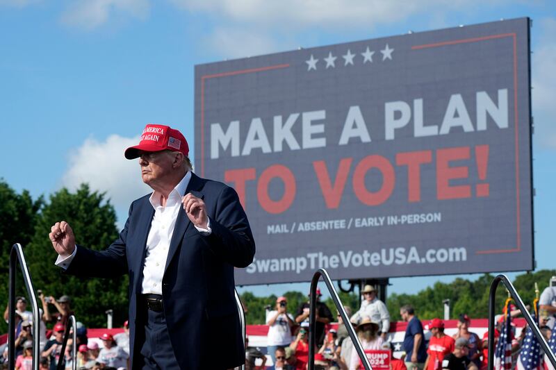 Donald Trump speaking at a campaign rally in Chesapeake, Virginia (Steve Helber/AP)